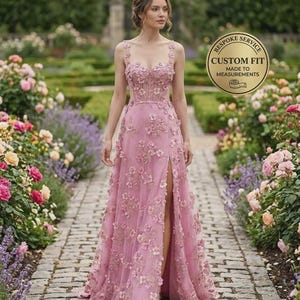 Vestido de fiesta rosa con apliques florales 3D, vestido de noche con cuentas hecho a medida, vestido de gala formal