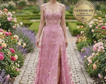 Vestido de fiesta rosa con apliques florales 3D, vestido de noche con cuentas hecho a medida, vestido de gala formal