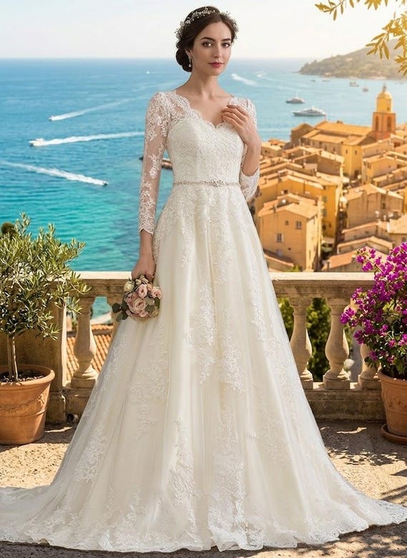 3/4 sleeve wedding dress with lace and tulle skirt Demure 3/4 Sleeves Glitter Lace Satin Tulle Wedding Dress
