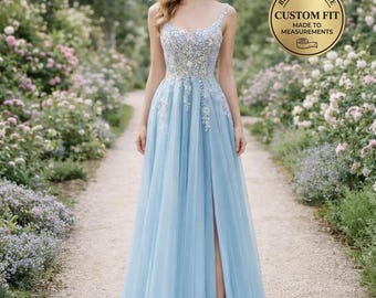 Sky Blue Prom Dress, 3D Floral Applique Evening Gown, Custom Made Formal Wear