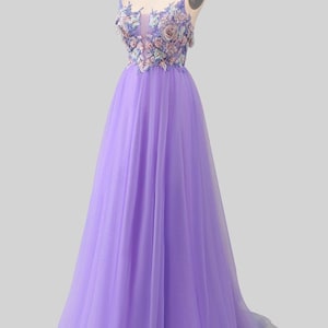 Benutzerdefinierte Blume lila Abendkleid, Maxi-Partykleid mit offenem Rücken