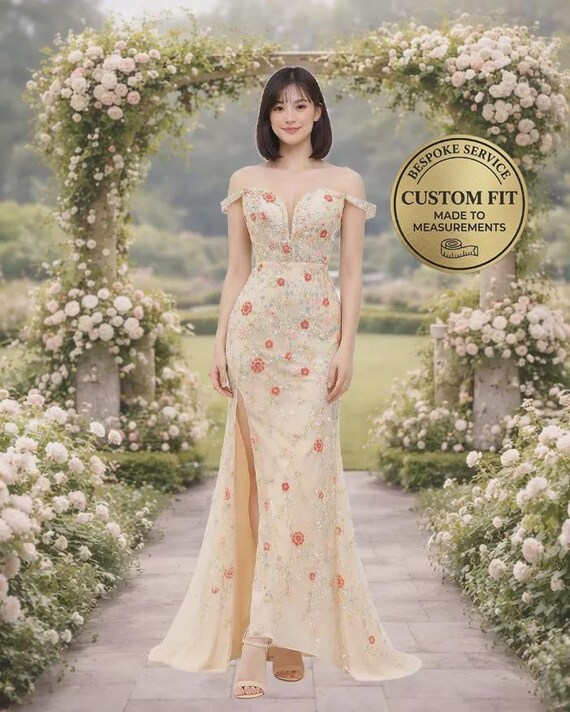 Champagne Prom Dress 3D Floral Appl, Custom Made Satin Evening Gown, Formal Gala Wear
