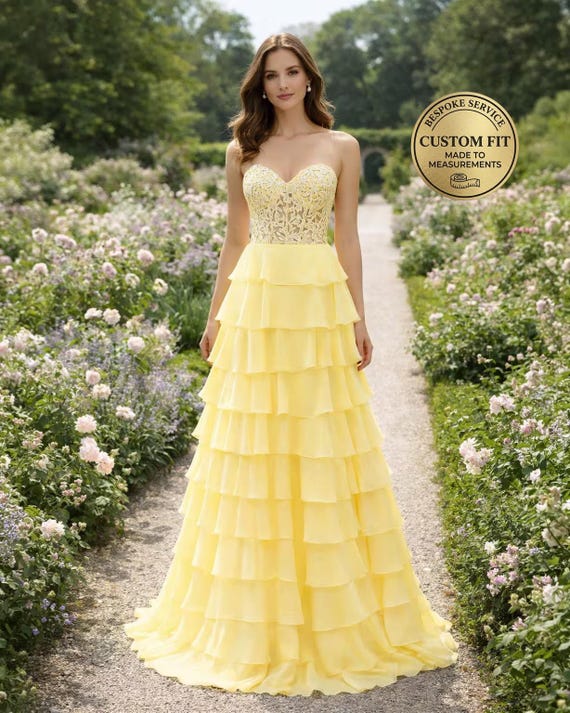 Custom Yellow Tiered Lace Corset Dress Formal Prom Gown Handmade Evening Party Ball Attire Custom Yellow Tiered Lace Corset Dress Formal Prom Gown Handmade Evening Party Ball Attire