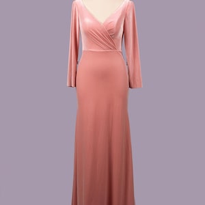 Custom velvet long sleeve cprom dress, pink evening gown