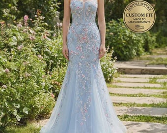 Blue Prom Dress  3D Floral Applique, Custom Made Embroidery Evening Gown, Formal Gala Wear