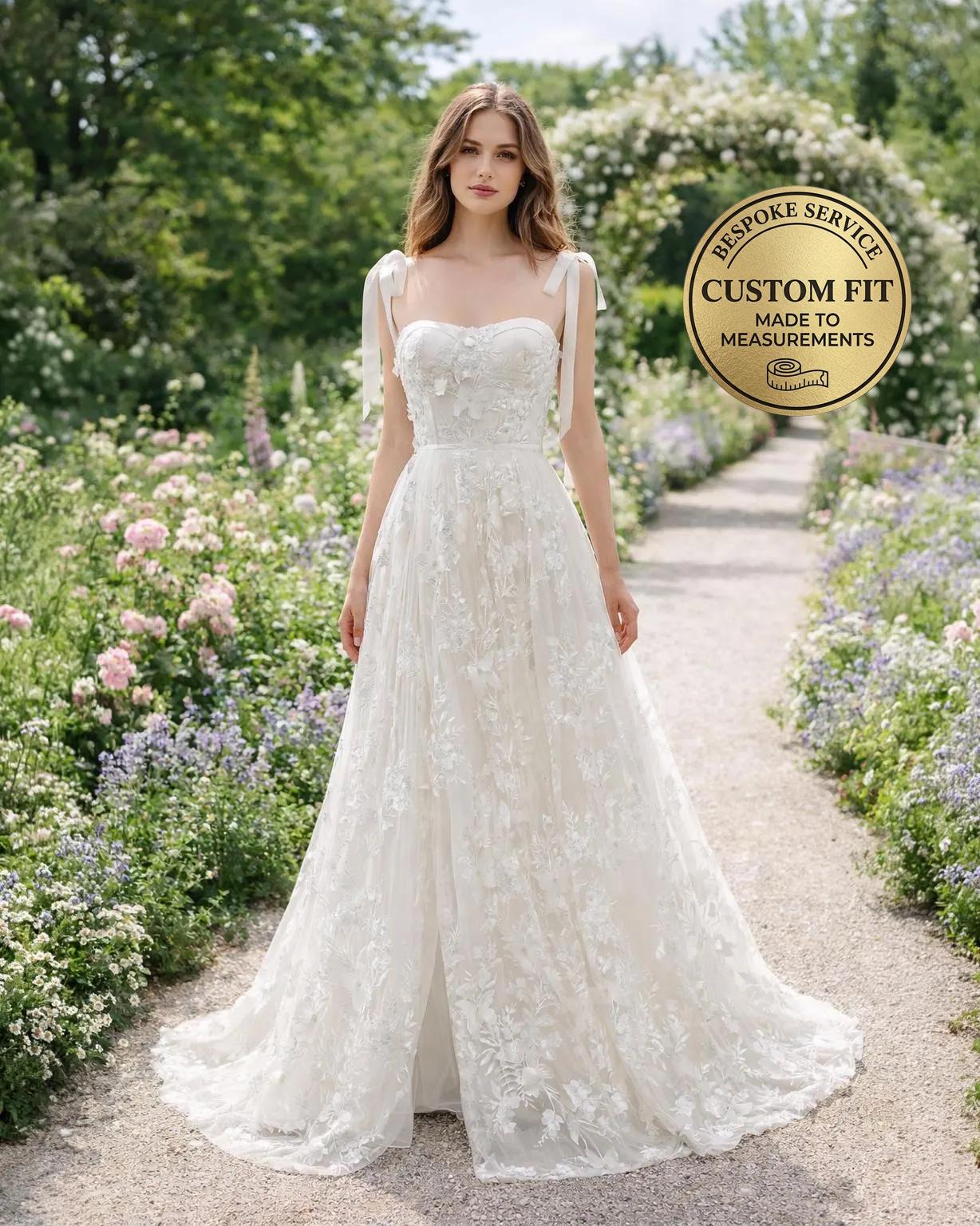 White Wedding Dress 3D Floral Applique, Custom Made Embroidery Bridal ...