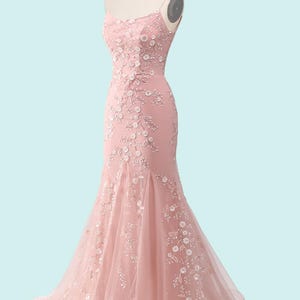 Custom lace sequin long prom dress, pink evening gown