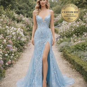 Blue Prom Dress 2026 Glitter Maximalism, Custom Made Beaded Evening Gown, Formal Gala Wear