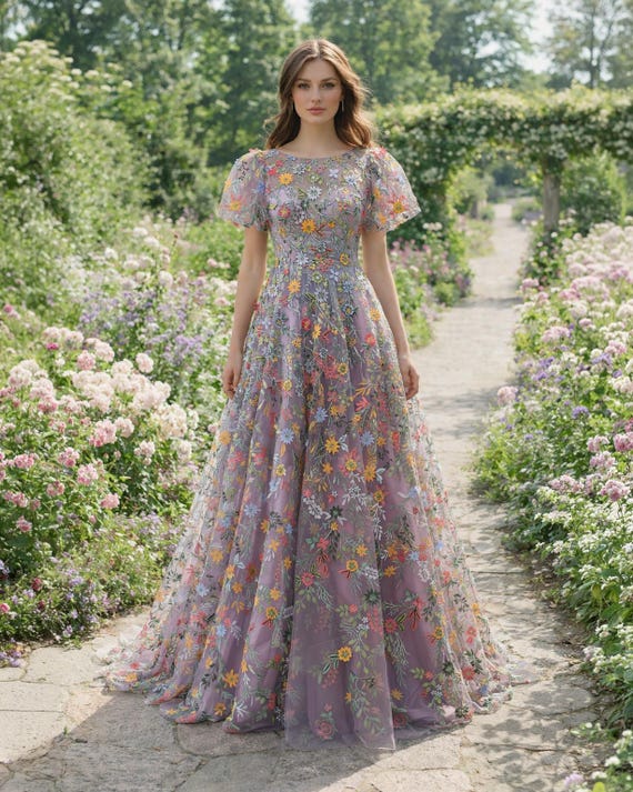 Purple Prom Dress 3D Floral Appliqu, Custom Made Embroidery Evening Gown, Formal Gala Wear