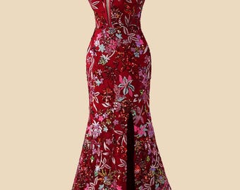 Custom red corset sequin embroidery prom dress, slit sparkly party dress