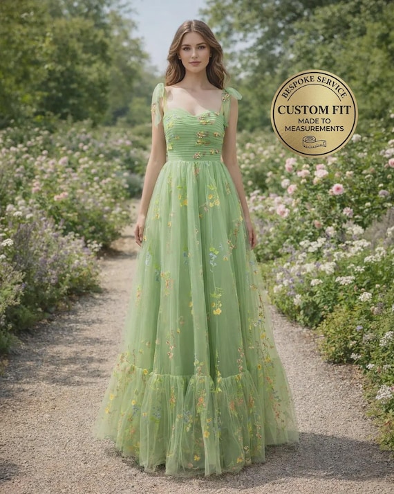 custom made formal dresses Green Prom Dress 3D Floral Applique, Satin Evening Gown, Gala Wear occasion dreses