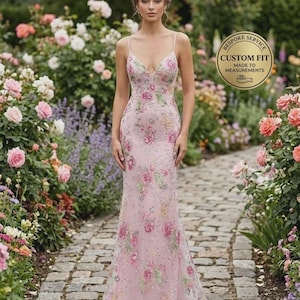 Roze galajurk 3D bloemenappliqué, op maat gemaakte avondjurk met borduursel, formele galakleding