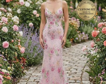 Roze galajurk 3D bloemenappliqué, op maat gemaakte avondjurk met borduursel, formele galakleding