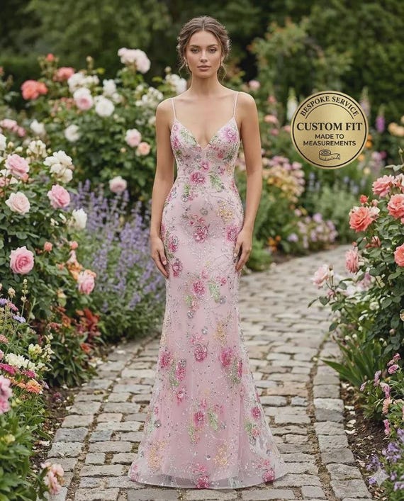 high end party dresses with custom fits Pink Prom Dress 3D Floral Applique, Custom Made Embroidery Evening Gown,  Formal Gala Wear