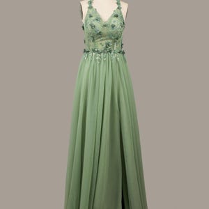 Custom 3D Flower Green Prom Dress: Long Tulle Backless Evening Gown
