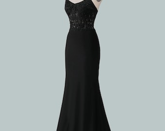 Custom spaghetti straps satin party dress, black lace evening gown