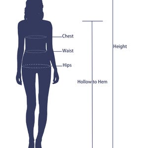May include: A dark blue silhouette of a person with labeled measurement points for chest, waist, and hips. Vertical lines indicate height and hollow to hem measurements, essential for dress sizing.