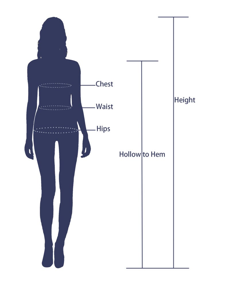 May include: A dark blue silhouette of a person with labeled measurement points for chest, waist, and hips. Vertical lines indicate height and hollow to hem measurements, essential for dress sizing.