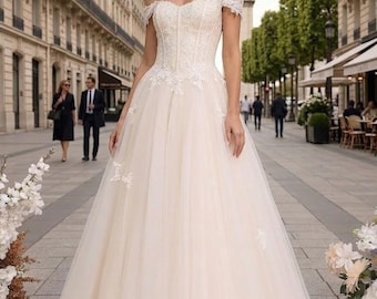 Blush roze kanten tule trouwjurk, baljurk met 3D bloemen appliqué v-hals met sleep, pailletten, open achterkant, op maat gemaakte bruidsjurken