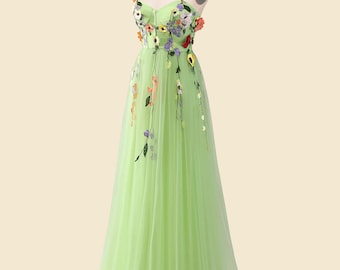 Custom light green flower embroidery long prom dress, tulle party dress