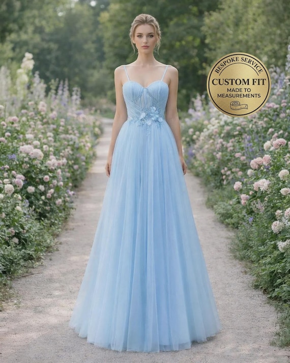 Blue Wedding Dress 3D Floral Applique, Custom Made Beaded Bridal Gown, Outdoor Wedding Wear Blue Wedding Dress 3D Floral Applique, Custom Made Beaded Bridal Gown, Outdoor Wedding Wear