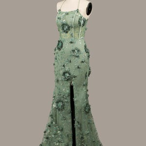 Custom shinning green flower prom dress, slit evening gown, long party dress