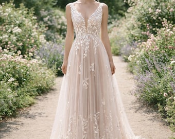 Champagne Wedding Dress 3D Floral Appliq, Custom Made Embroidery Bridal Gown, Outdoor Wedding Wear