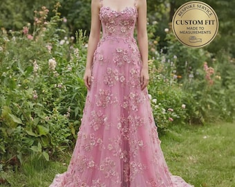Vestido de fiesta rosa con apliques florales 3D, vestido de noche con cuentas hecho a medida, vestido de gala formal