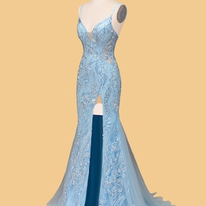 Custom beaded and sequin long prom dress, light blue party dress