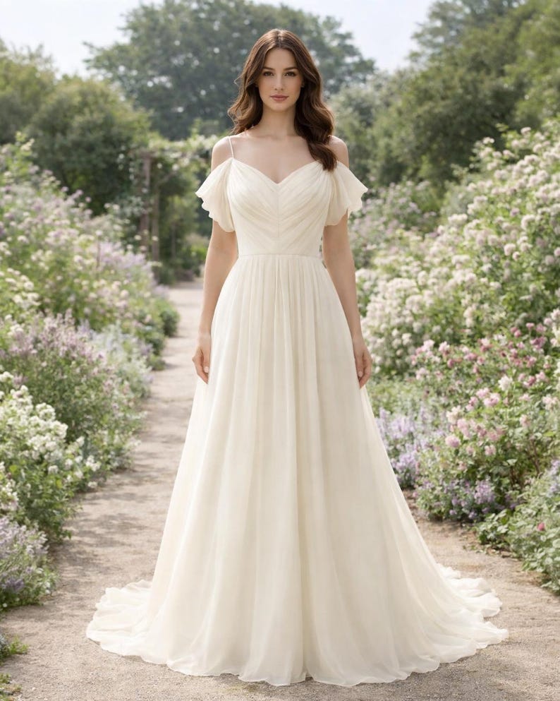 Ivory Wedding Dress Regencycore Lace, Custom Made Chiffon Bridal Gown, Outdoor Wedding Wear image 2