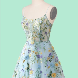 Custom floral embroidery short prom dress, light blue party dress
