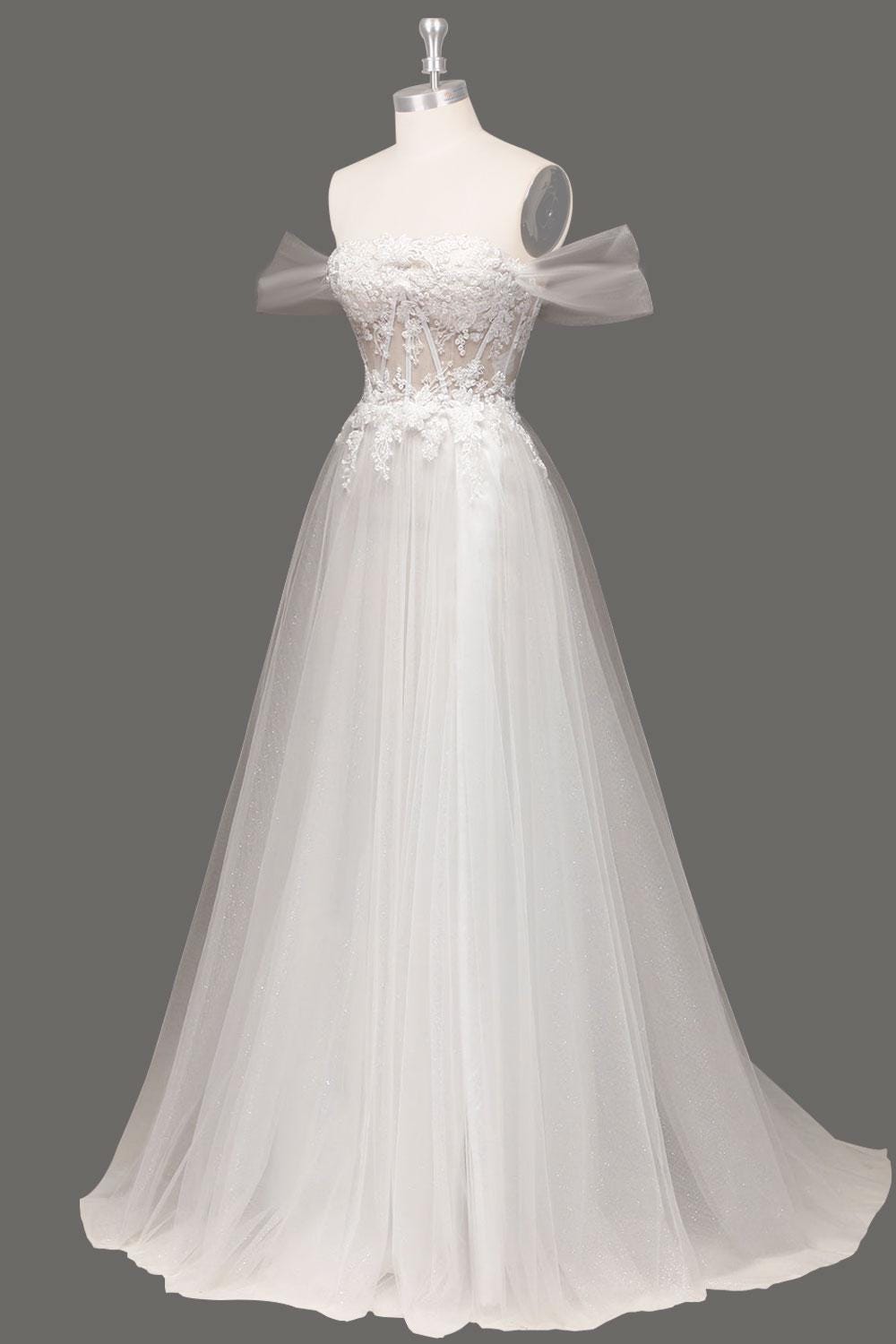 Custom sparkly floral embroidery wedding gown, white bridal dress, shoulder off tulle wedding dress