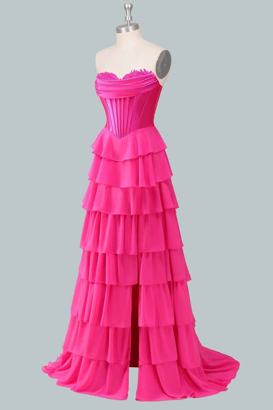 Glitter Tulle Corset Ruffle Tiered Long Prom Dress with Slit main image 1