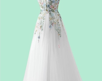 Custom white flower embroidery long prom dress, strapless party dress, bridesmaid dress