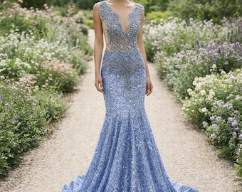 Vestido de fiesta azul cielo Regencycore Lac, vestido de noche con cristales hecho a medida, vestido de gala formal