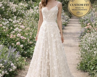 White Wedding Dress 3D Floral Applique, Custom Made Satin Bridal Gown, Outdoor Wedding Wear