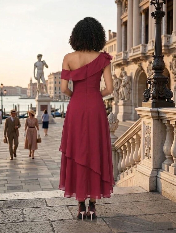 burgundy one shoulder bridesmaid dress Handmade Dress, 3D Floral Chiffon Midi Gown,custom Wedding Guest Party Dress, Elegant Hand-sewn Formal Cocktail Attire allowing the quality of Length:L multi floral dress Azazie UO Evie Asymmetric Drape