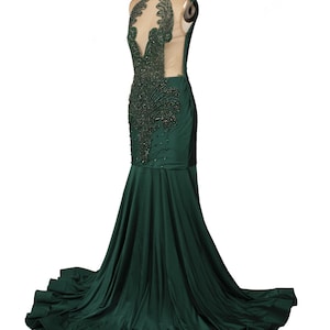 Custom Beaded Lace Prom Dress: 1990s Dark Green Evening Gown