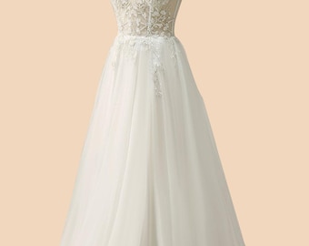 Custom white lace wedding dress, strapless bridal dresses, floral embroidery wedding gown