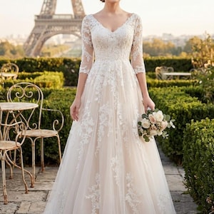 Custom Made Lace Wedding Dress with 1/2 Sleeves-Elegant A-line Sequins Bridal Gown - V Neck Open Back Wedding Dress - Custom Size Bride Gift