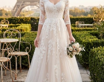 Custom Made Lace Wedding Dress with 1/2 Sleeves-Elegant A-line Sequins Bridal Gown - V Neck Open Back Wedding Dress - Custom Size Bride Gift