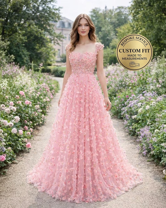 blush floral prom dress Andrea & Leo A1290 Pleated Floral Print Long Formal Prom Dress