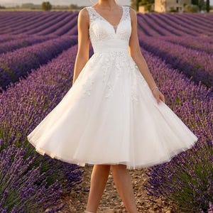 May include: A white knee-length dress featuring a sleeveless bodice with a V-neckline, intricate lace floral appliques on the chest and waist, and a full, layered tulle skirt that flares outward from the waistline to create a voluminous silhouette.