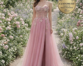 Vestido de fiesta rosa con apliques florales 3D, vestido de noche con cuentas hecho a medida, vestido de gala formal