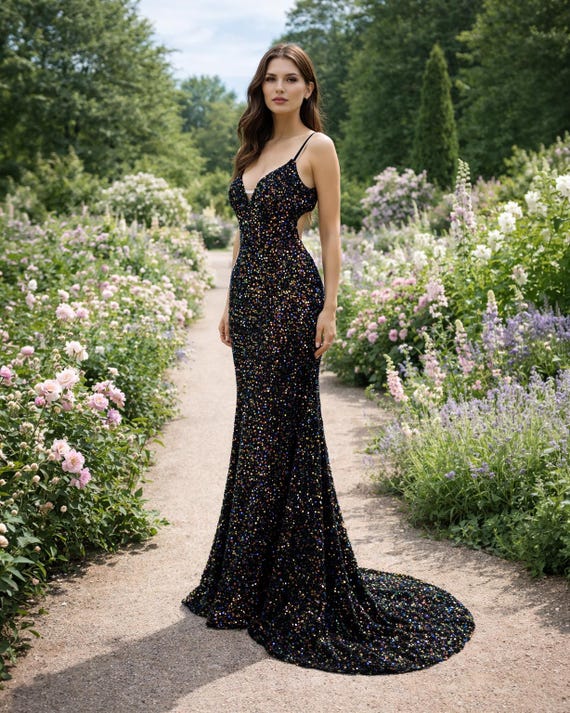 Black Prom Dress 2026 Glitter Maximalism, Custom Made Satin Evening Gown, Formal Gala Wear