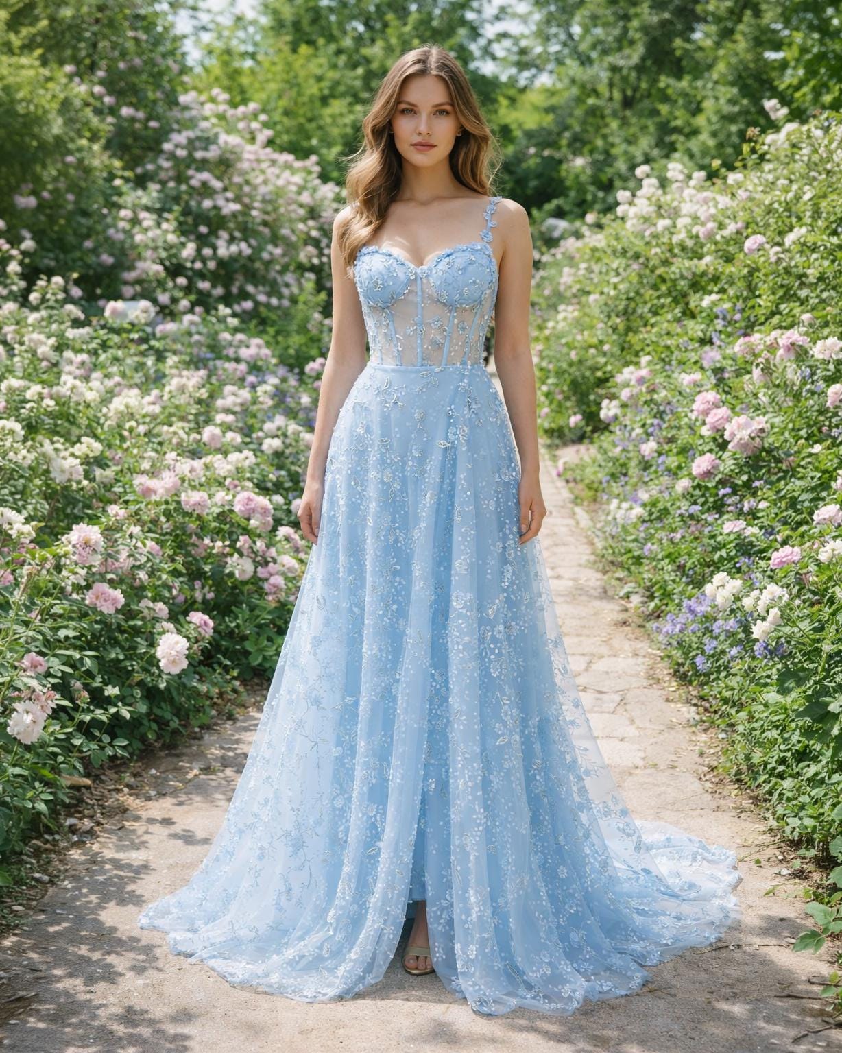 Blue Prom Dress 3D Floral Applique, Custom Made Satin Evening Gown, Formal Gala Wear