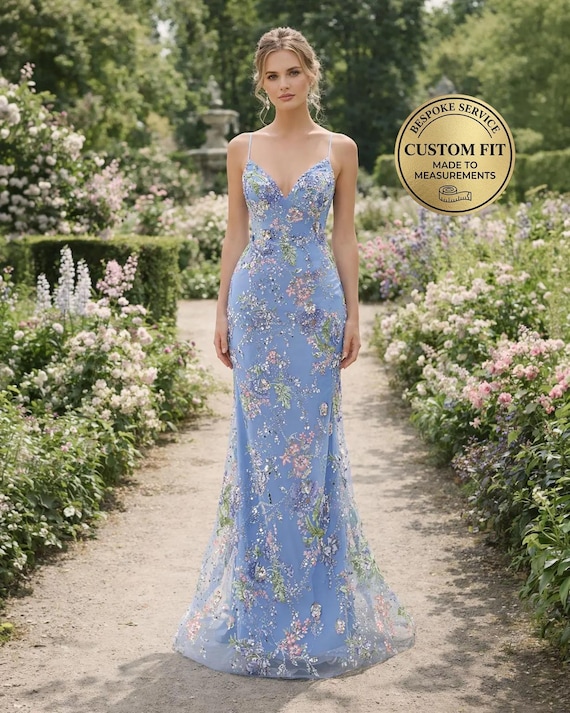blue flower applique dress Gradient Blue Floral Applique Prom Dresses V-Neck A-Line Evening Dress Viniodress