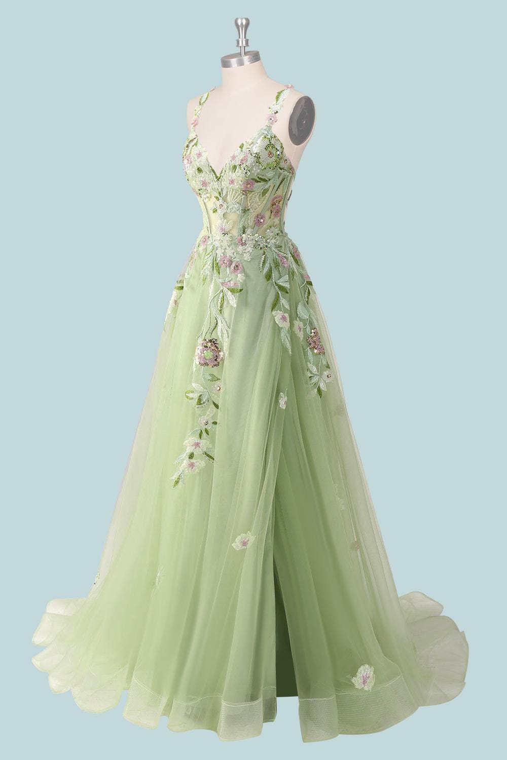 pale green prom dresses Dress 3D Floral Applique, Custom Made Satin Evening Gown, Formal Gala Wear Backless