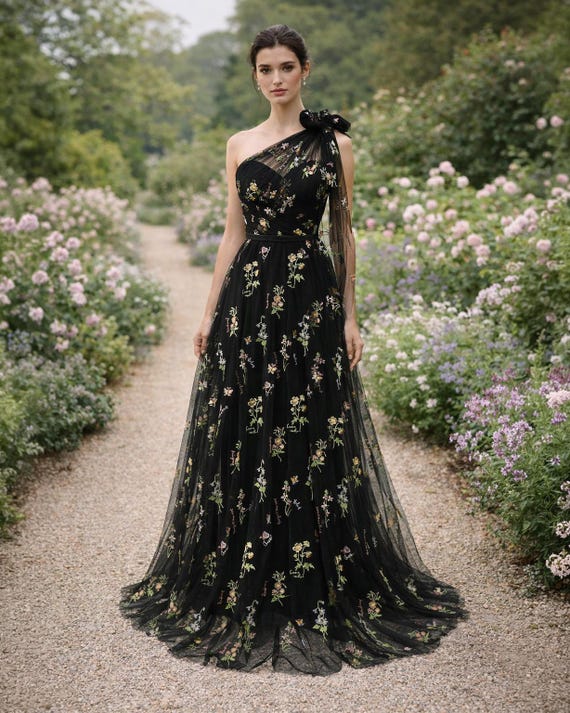 Black Wedding Dress 3D Floral Applique, Custom Made Embroidery Bridal Gown, Outdoor Wedding Wear