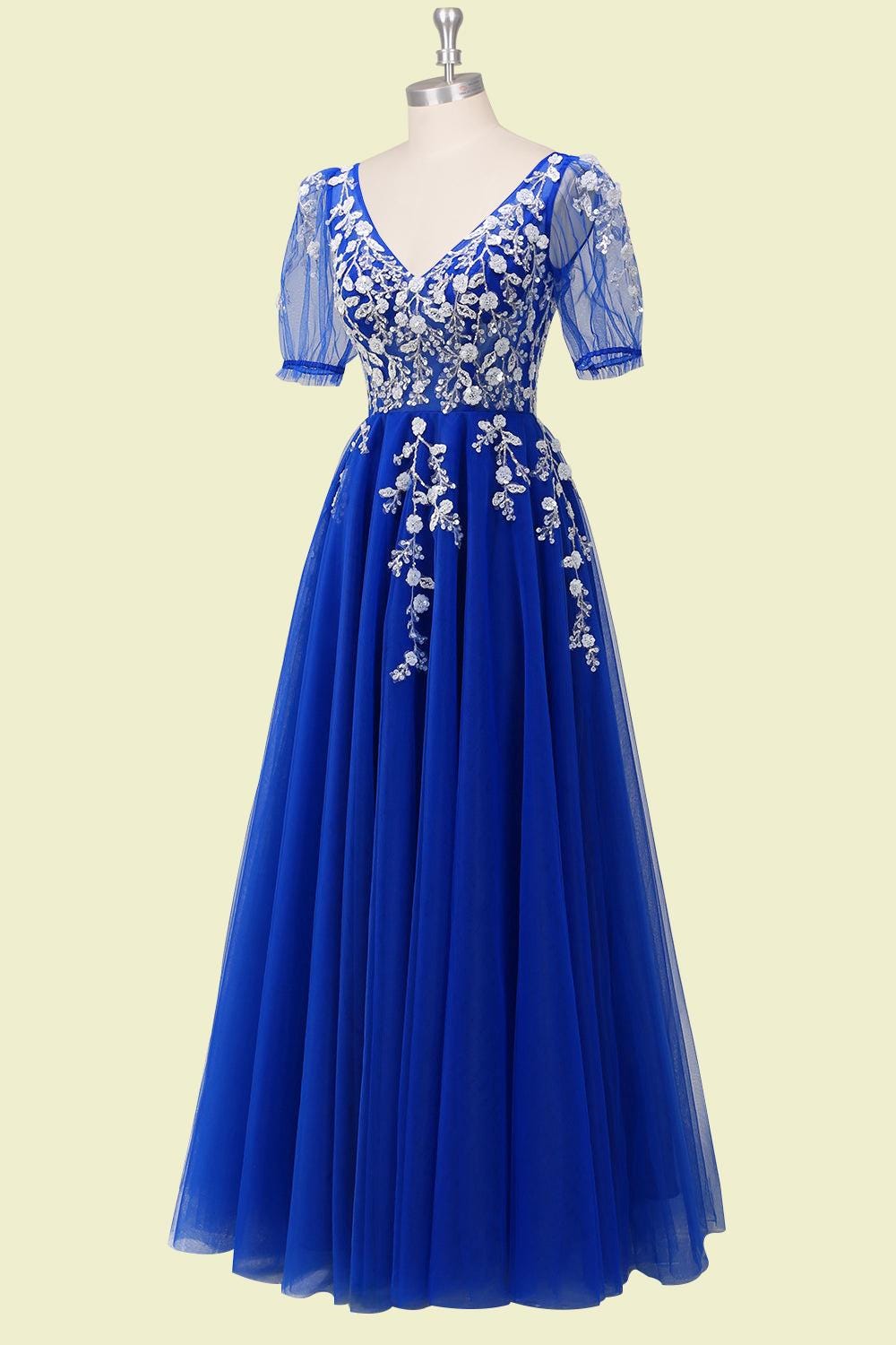 Royal Blue Sequin Long Sleeves 3D Roses Made to Measure Prom Dress
